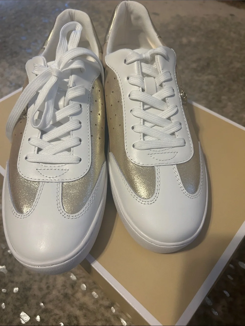 Michael Kors White and Gold Leather Low-Top Sneakers